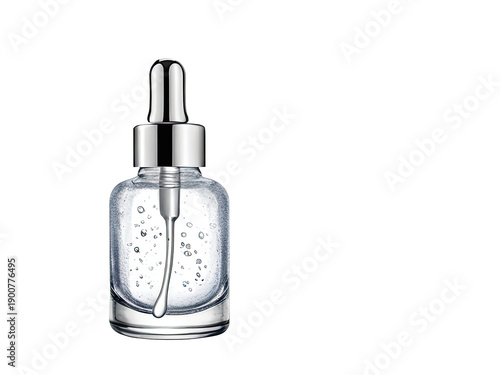 A clear glass bottle filled with a transparent liquid