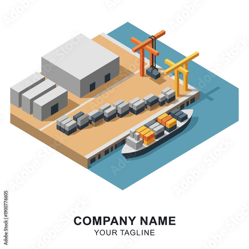 Cargo Ship at Industrial Dock with Cranes.