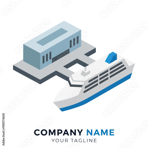 Isometric Illustration of Cruise Ship and Building.