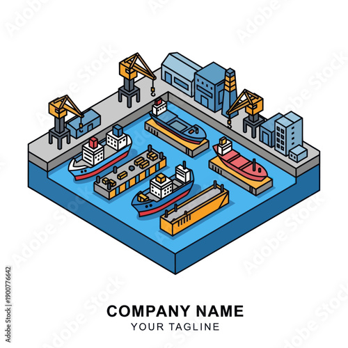 Isometric Illustration of Shipping Harbor with Vessels.