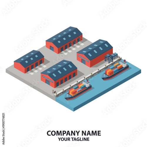 Isometric Industrial Buildings with Cargo Ships.