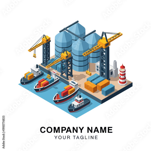 Industrial Harbour with Cranes and Ships.