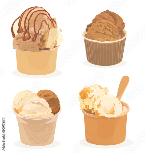Set of sweet cartoon caramel, chocolate and vanilla ice cream balls in paper cup. Vector hand drawn cold summer dessert illustration isolated on white.