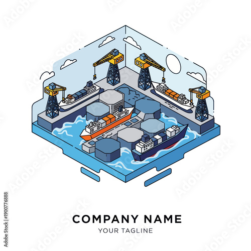 Isometric Illustration of Shipping Port with Cranes and Vessels.
