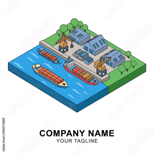 Isometric Illustration of Shipping Yard and Cargo Ships.