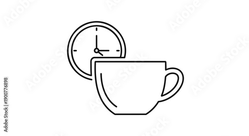 Vector line art illustration of a coffee cup and clock, for time management or morning routine, isolated on transparent background, png
