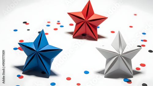 Origami stars in blue red and grey amidst colorful confetti