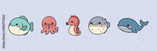 Cute kawaii sea creatures set featuring smiling fish, octopus, seahorse, puffer fish, and whale on a soft purple background for children