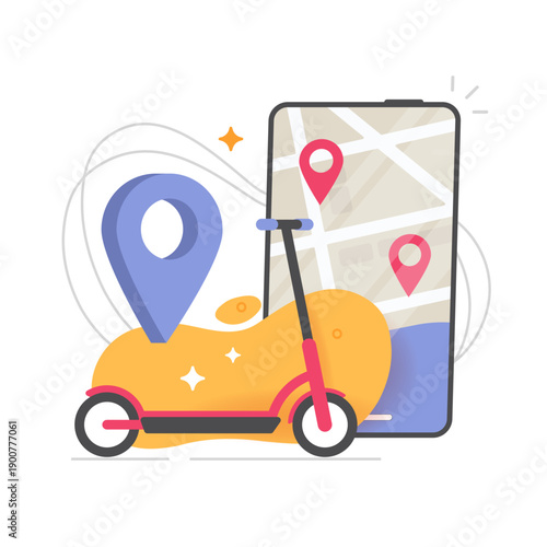 Kickscooter electric rental service mobile phone app modern vector graphic illustration, escooter city sharing smartphone navigation location icon, kick scooter network position image
