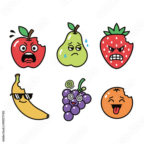 Collection of funny fruit characters with different facial expressions and bite marks including apple pear strawberry banana grape orange