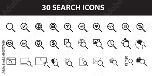 Set of linear search and browser interface icons.