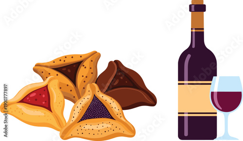 Hamantaschen cookies wine bottle purim holiday food vector illustration