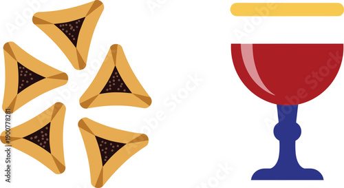 Purim holiday elements, hamantaschen cookies, wine glass, and gragger vector illustration