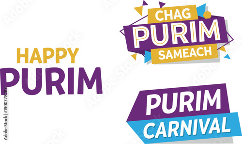 Purim holiday greetings set with happy purim banners and colorful carnival vector symbols