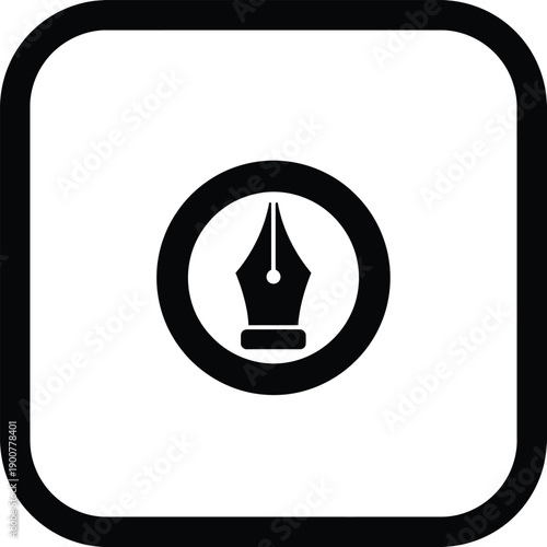 Black icon of a fountain pen nib in a circle on a with a square border