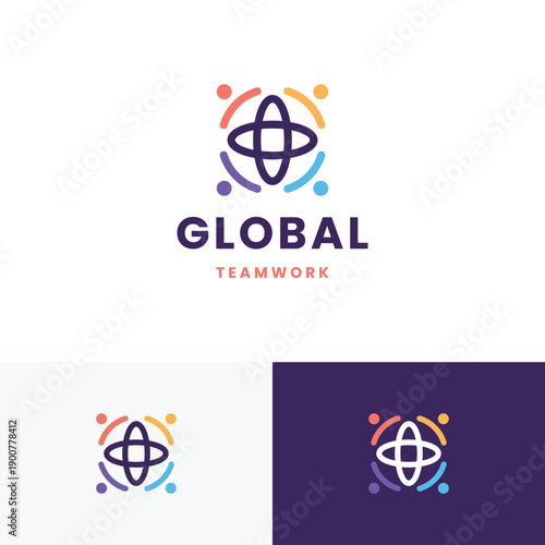 Professional global teamwork logo showcasing unity and collaboration through interconnected elements and vibrant colors