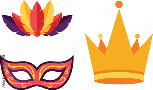 Purim mask crown feathers festive carnival elements vector illustration