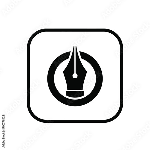 A black and white icon of a fountain pen nib in a circle on a, symbolizing writing and creativity tools