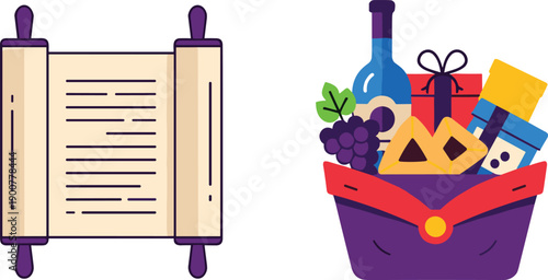 Purim megillah scroll and mishloach manot gift basket with wine and hamantaschen vector art