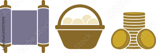 Purim symbols torah scroll basket of eggs coins festive elements vector illustration