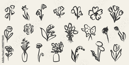 Hand drawn sketchy spring flower collection with rough charcoal line art, naive botanical silhouettes and whimsical floral elements in ink doodle style for seasonal design, decor, scrapbooking. Vector