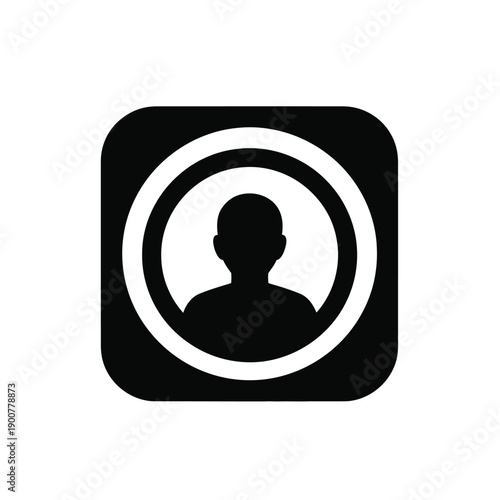 Black silhouette of a persons head and shoulders in a rounded square frame with concentric circles