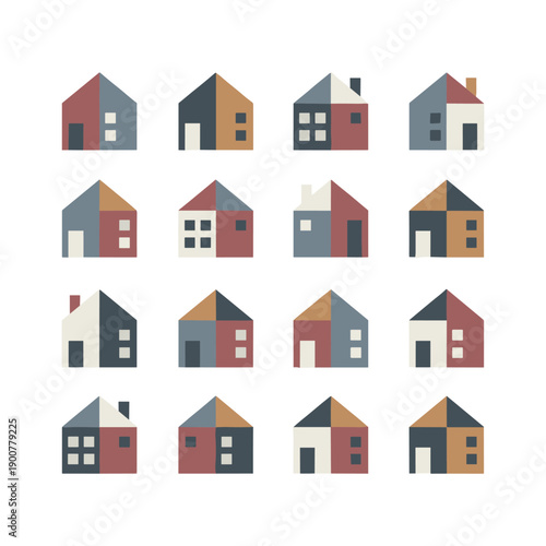 Minimalist Geometric House Icons Set in Flat Style for Real Estate Architecture Property Development and Neighborhood Map Graphics