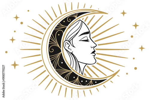 A radiant crescent moon surrounded by a celestial halo of stars. isolated on transparent background, isolated on white background, Vector