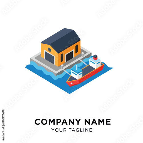 Isometric Illustration of Warehouse and Cargo Ship.