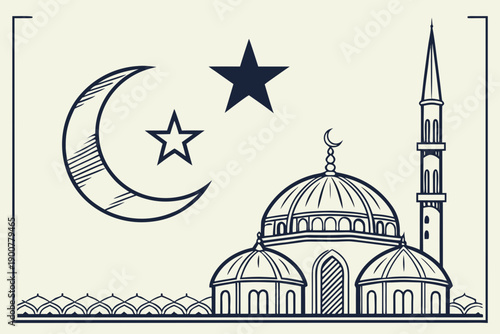 A serene mosque under a starry night sky with a crescent moon isolated on transparent background, isolated on white background, Vector