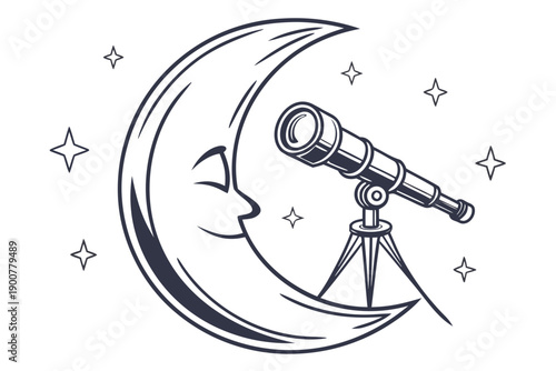 Astronomer gazing through a telescope at the moon in a starry night sky isolated on transparent background, isolated on white background, Vector