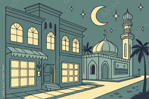 A whimsical illustration of a moonlit street with buildings and a crescent moon. isolated on transparent background, isolated on white background, Vector