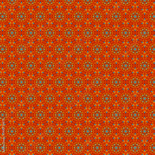 Oriental style Simple floral geometric seamless pattern Stylized mosaic flowers on an orange-red background