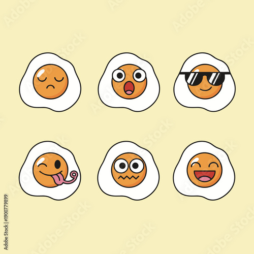 Funny fried egg emoji character set featuring diverse facial expressions like cool laughing and surprised for food blog and kitchen decoration