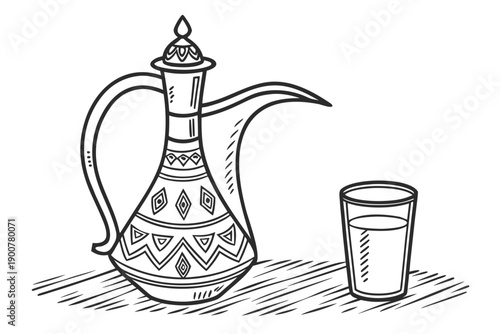 Traditional arabic coffee pot and cup on a decorative mat isolated on transparent background, isolated on white background, Vector