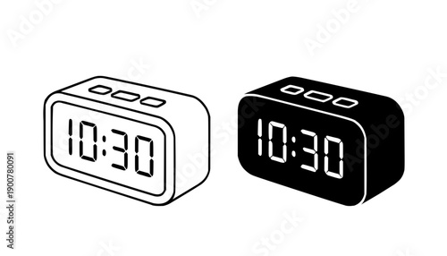 Electronic or technology icon, vector illustration of digital alarm clock, black and white in outline and silhouette design style