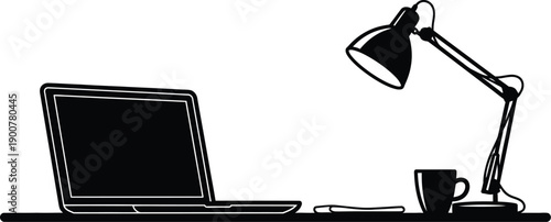 Desk workspace silhouette with laptop computer desk lamp and coffee cup on black surface