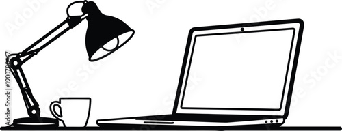Minimalist home office desk setup with laptop, coffee cup, and desk lamp, black outline on transparent background