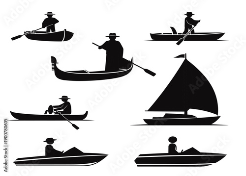 Various silhouettes of people in different types of boats on water