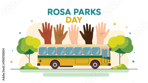 rosa parks day illustration with raised hands and school bus symbolizing civil rights movement equality history and social justice awareness