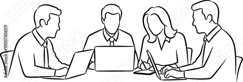 Team of professionals in meeting around table with laptops and papers