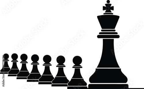 Chess king standing tall in front of line of pawns representing leadership and strategy