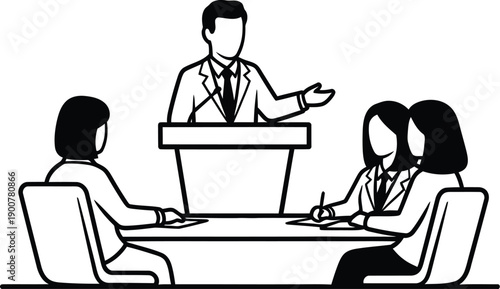 Man speaker at podium addressing group of people seated at conference table