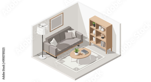 Isometric illustration of a modern living room with furniture and decor via ImageFX