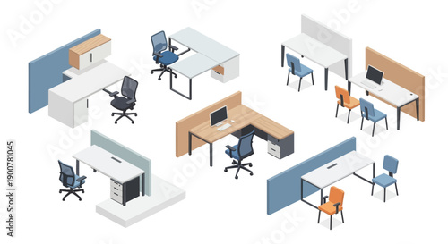 Isometric illustration of modern office cubicles with varied workstation setups and ergonomic furniture in a clean and minimalist environment