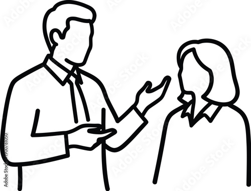 Outline sketch of two business colleagues engaged in conversation, discussing work or ideas in a professional setting