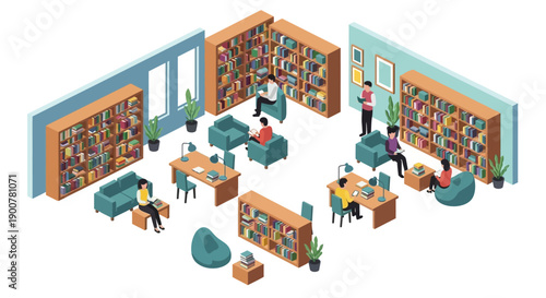 Overhead view of a modern library with people studying and browsing through bookshelves in a spacious environment with comfortable seating areas