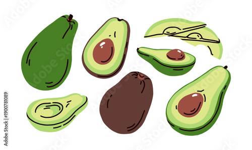 Avocado set. Whole and half, cut slices, pieces. Healthy organic natural green food. Tropical oily fat fruit with pit, brown skin, peeled. Flat vector illustration isolated on white background