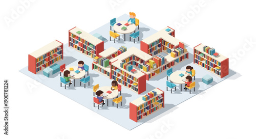 Isometric illustration of a vibrant library scene with students studying and bookshelves surrounding them in a colorful environment viewed from above