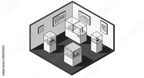 Isometric illustration of a modern art gallery with cube displays and framed artwork on walls